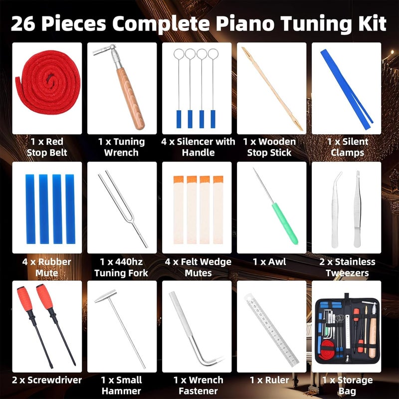MELHA Piano Tuning Kit with Case, 26 PCS Piano Tuner Wrench Hammer Rubber Mutes Set Tuning Lever Tools for Beginner - Image 3